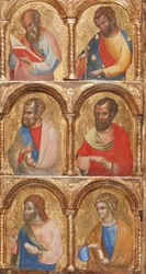 Madonna and Child with Angels, the Crucifixion, and Twelve Apostles or Saints, c.1360 (detail)